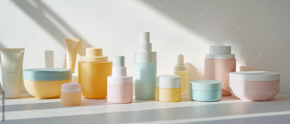 Poster A row of colorful bottles and jars of various sizes