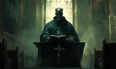 Demonic priest reads book in church.