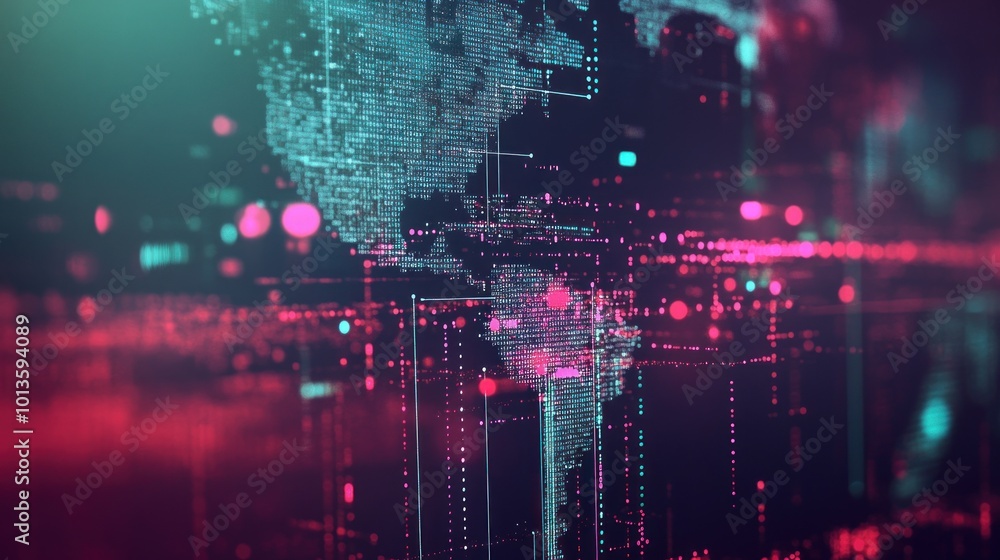 Poster abstract digital representation of a global network with vibrant colors and data flow.
