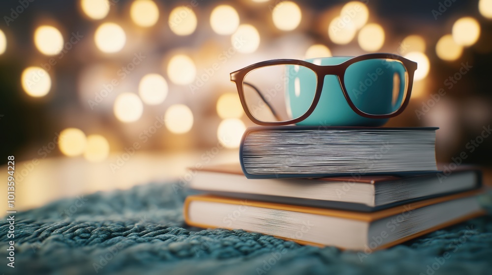 Poster cozy and workspace setup with stacked books eyeglasses and warm autumn lighting creating an ideal en