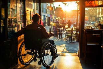 Obraz premium A person in a wheelchair enjoys the beautiful sunset from a cafe. The warm light creates a cozy atmosphere. This image emphasizes accessibility and independence. Generative AI