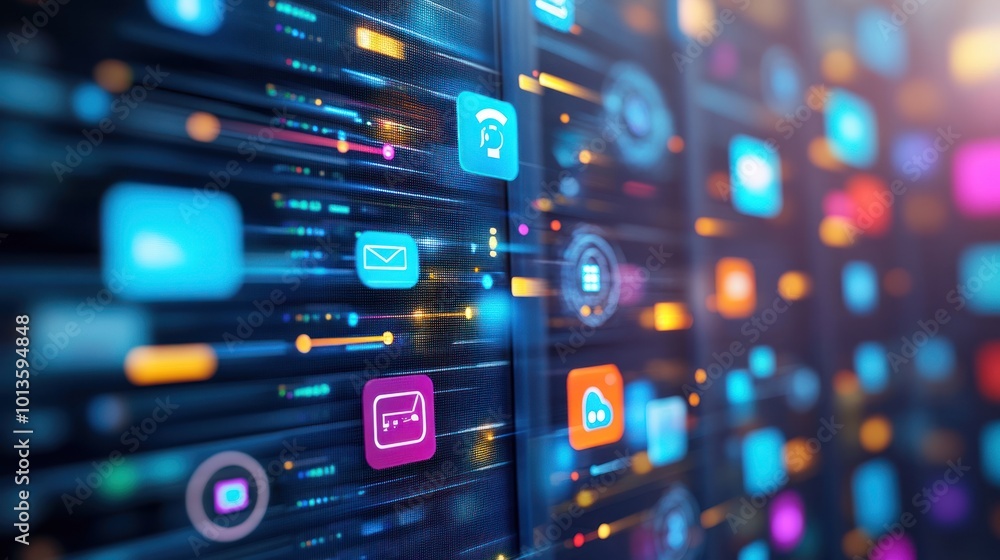 Poster abstract digital interface with colorful icons representing communication and technology.