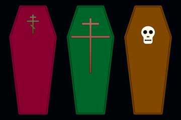 A spooky vector set of three Halloween coffins with crosses and a skull, perfect for holiday-themed designs and decorations.