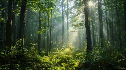 Fototapeta premium Magical Sunbeams Streaming Through Lush Green Forest Canopy