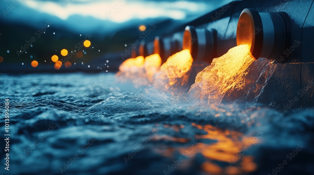 Poster dramatic image of powerful water splashing and cascading with a moody atmospheric sky and glowing re