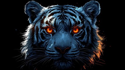 Obraz premium Close-up portrait of a white tiger with bright orange eyes against a black background.
