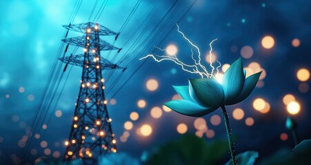 Dramatic electrical transmission tower standing tall against a thunderous night sky with a powerful bolt of lightning crackling and illuminating the scene