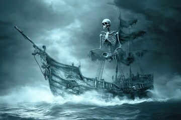 A skeleton pirate ship sailing on a ghostly sea.