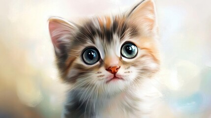 Fototapeta premium Digital artwork of an adorable kitten with large, expressive eyes, soft fur, and a curious gaze, exuding a sense of innocence and whimsy.
