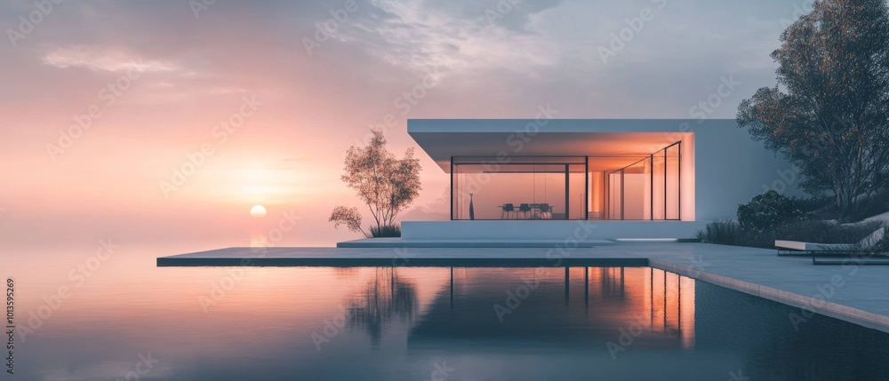 Poster a large white house with a pool and a tree in front of it