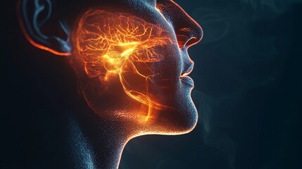 Human Head with Highlighted ENT Pathways, a detailed side profile of a human head with the ear, nose, and throat pathways