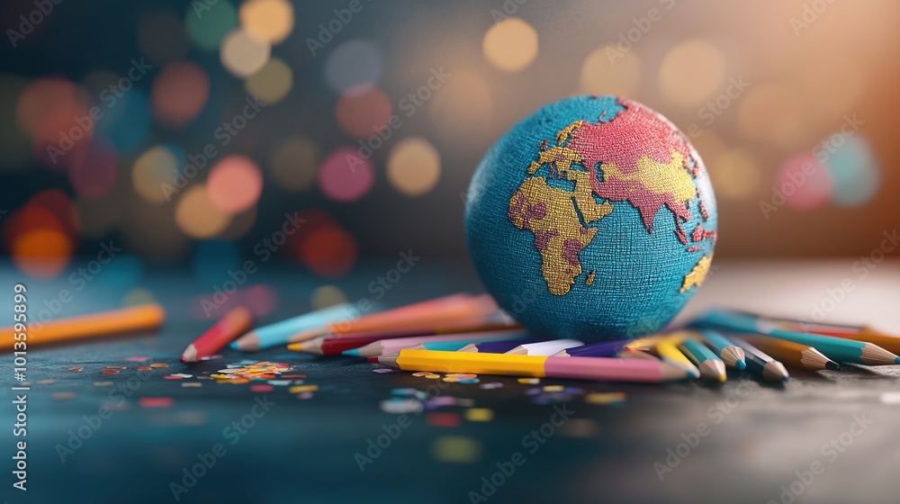 Poster globe surrounded by scattered colorful pencils on a dark blurred background symbolic of global educa