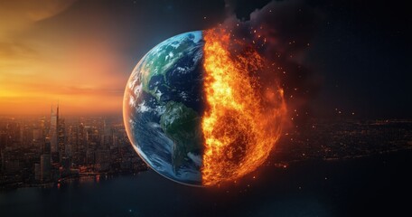 Obraz premium Fiery Apocalyptic Planet Earth Explosion in the Cosmos Dramatic Surreal Dramatic cosmic scene of a fiery burning planet Earth exploding in a cosmic disaster with flames fire