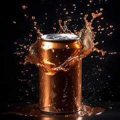mock up product photograph of a golden brown color aluminum soda can / beer can isolated in splash of water with copy space for text	