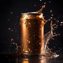 mock up product photograph of a golden brown color aluminum soda can / beer can isolated in splash of water with copy space for text	