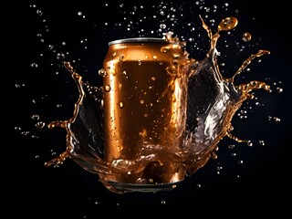 mock up product photograph of a golden brown color aluminum soda can / beer can isolated in splash of water with copy space for text	