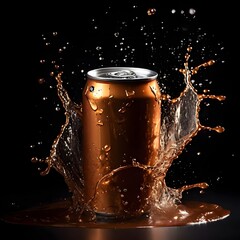mock up product photograph of a golden brown color aluminum soda can / beer can isolated in splash of water with copy space for text	