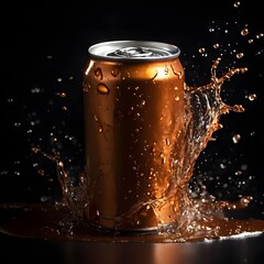 mock up product photograph of a golden brown color aluminum soda can / beer can isolated in splash of water with copy space for text	