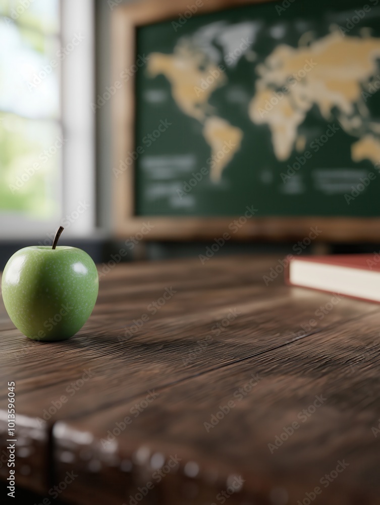 Aufkleber green apple resting on wooden desk with a world map framed in the background representing the concep