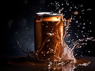 mock up product photograph of a golden brown color aluminum soda can / beer can isolated in splash of water with copy space for text	