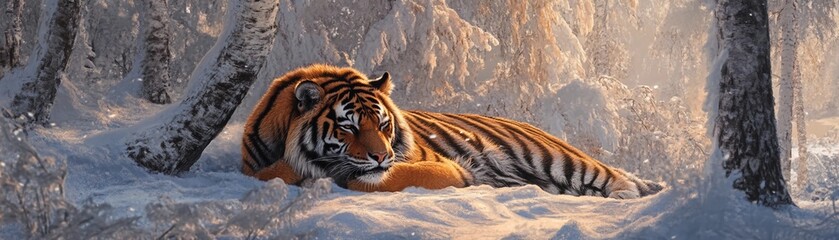 Obraz premium A big siberian tiger is relaxing among the snowy trees