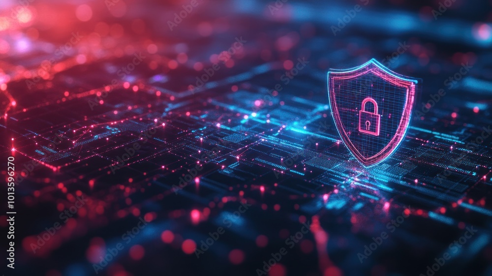 Poster digital representation of cybersecurity with a lock symbol over a network background.