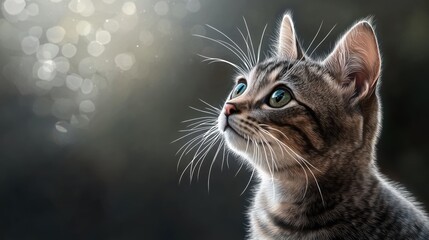 Obraz premium A curious tabby kitten with striking green eyes and prominent whiskers, gazing upwards against a blurred background with light bokeh effect.