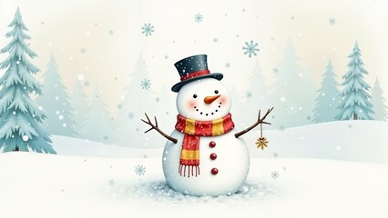New Year's background featuring a cartoon snowman in a winter wonderland setting
