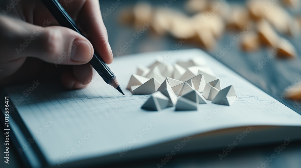 Aufkleber Overhead view of a human hand sketching or drawing simple geometric shapes and patterns with a pen in a notebook on a minimalist modern desk or workspace