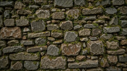 Rough texture of a moss-covered stone wall showcasing natural irregularities