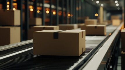 A close-up view reveals cardboard boxes traveling on a conveyor belt in a state-of-the-art logistics center