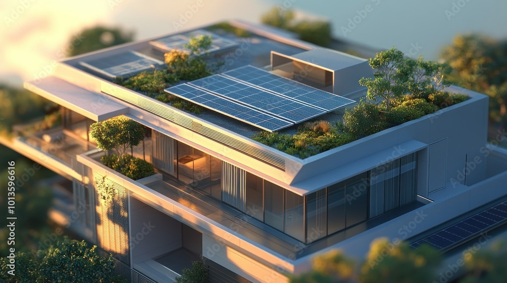 Sticker Modern Rooftop with Green Plants and Solar Panels