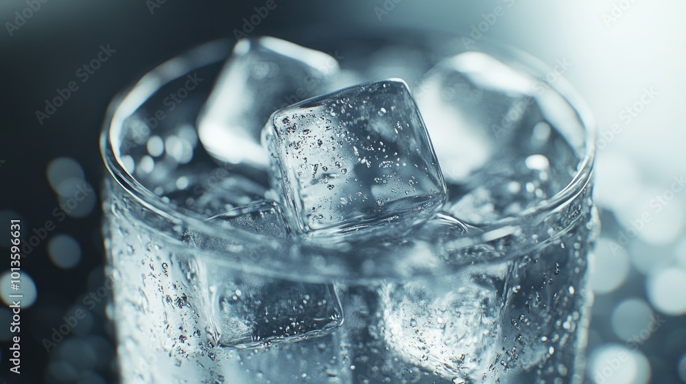 Poster a close-up of a glass filled with sparkling water and ice cubes, creating a refreshing look.