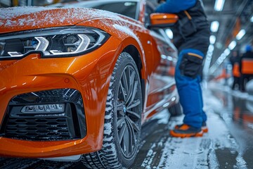 Mechanic performing tire change  swapping winter tires for summer tires on modern vehicle