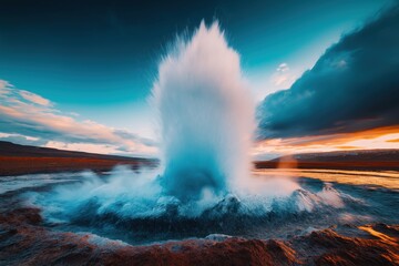 Powerful erupting geyser bursting into the air surrounded by a breathtaking natural landscape at sunset  The dynamic water display creates a dramatic and majestic scene with churning foam mist