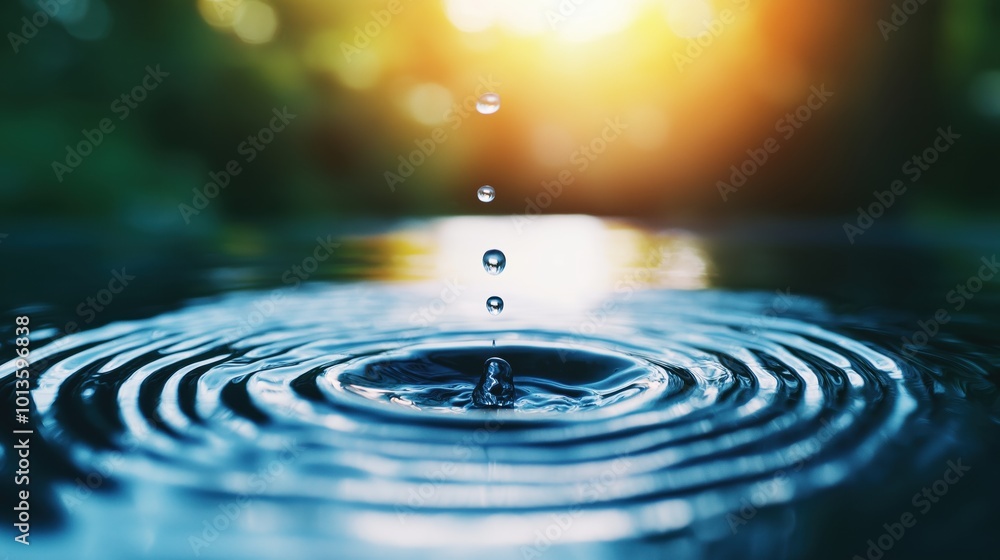 Poster serene water droplet creating dynamic ripple patterns on the still reflective surface of a pond or l
