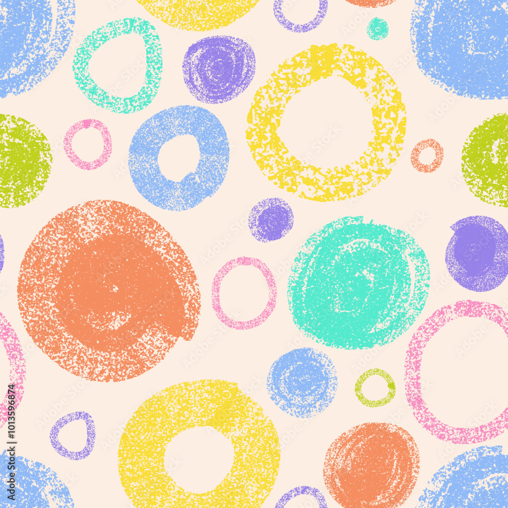 Poster hand drawn fun colorful circle seamless pattern. vector pattern doodle round shapes art background. 