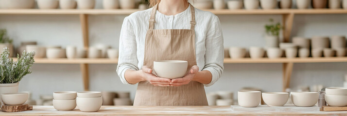 Handcrafted pottery displayed in cozy studio, featuring person holding bowl. warm atmosphere and earthy tones create serene and inviting environment for pottery lovers