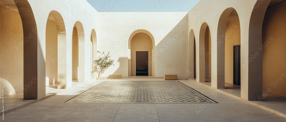 Poster a large open courtyard with arched doorways and a tree in the center
