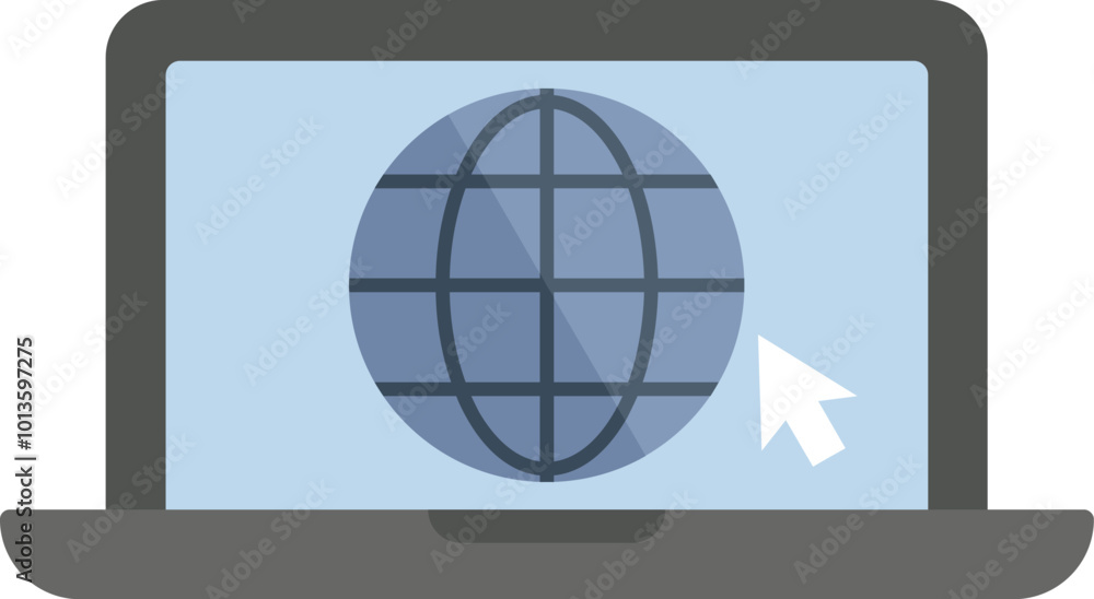 Poster laptop computer is displaying a web browser with a globe icon and a mouse cursor clicking on it