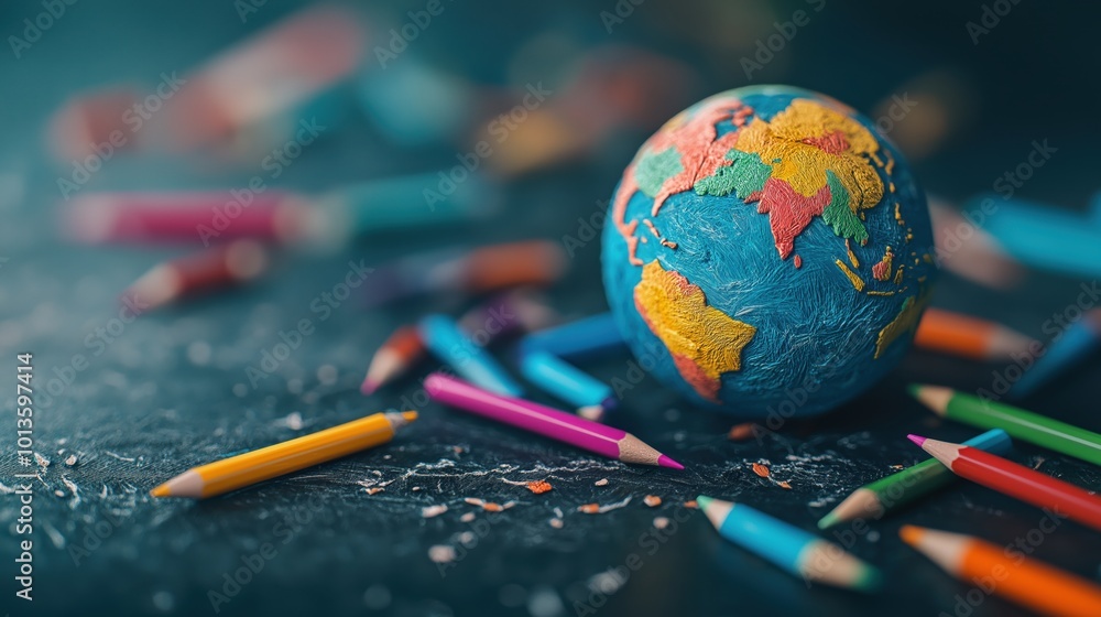Poster vibrant colorful 3d world globe surrounded by multicolored pencils placed on chalkboard background r