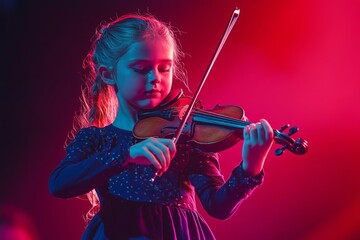 Fototapeta premium A young girl showcases her talent by playing the violin on stage. Vibrant lights create a magical atmosphere. Music comes alive in her hands. Generative AI