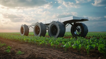 Obraz premium Autonomous Agricultural Vehicle in a Field of Green Crops