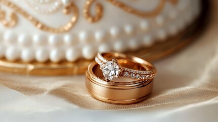 Close-up of wedding rings placed on a white tiered wedding cake adorned with gold ribbon and floral decorations in soft focus.