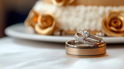 Close-up of wedding rings placed on a white tiered wedding cake adorned with gold ribbon and floral decorations in soft focus.