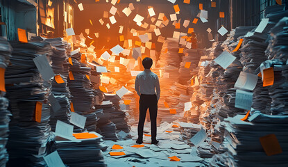 Obraz premium Overwhelmed Businessman Stands Amidst Towering Piles of Documents in Office, Struggling with Paperwork and Administrative Overload at Daytime Design