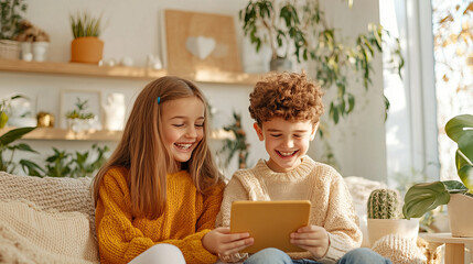 Happy children enjoying tablet together in cozy, sunlit living room filled with plants and warm decor. Their laughter and joy create delightful atmosphere