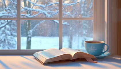 Cozy Winter Reading by the Window with Warm and Comforting Cup of Tea, Cocoa or Coffee. Idyllic scene with a book, hot steamed ceramic mug on a windowsill with a snowy landscape beyond. Christmas home