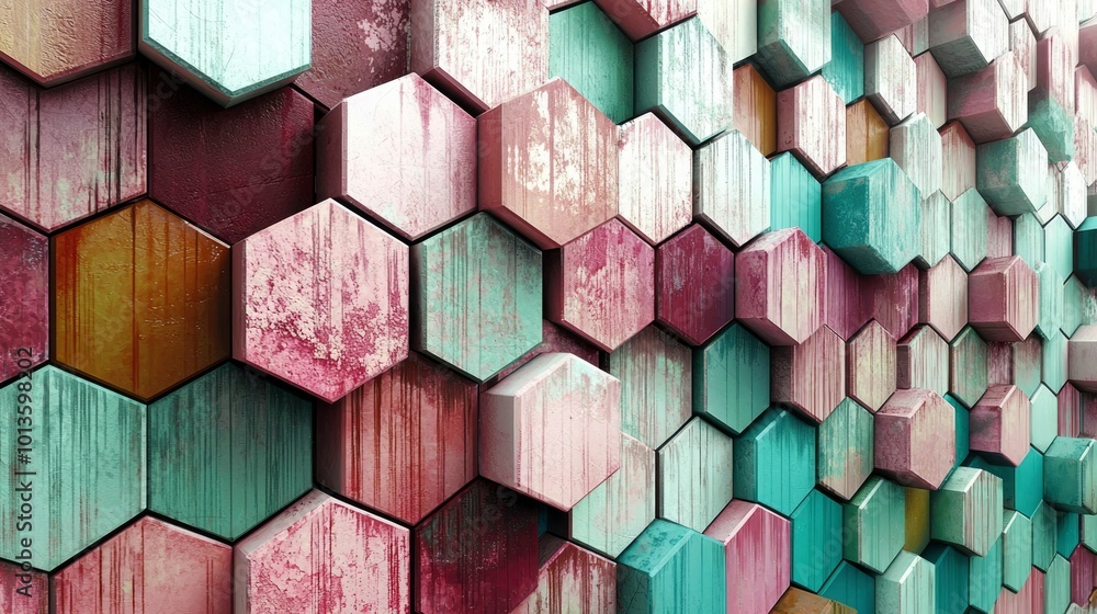 Poster abstract hexagon pattern with distressed textures in various hues