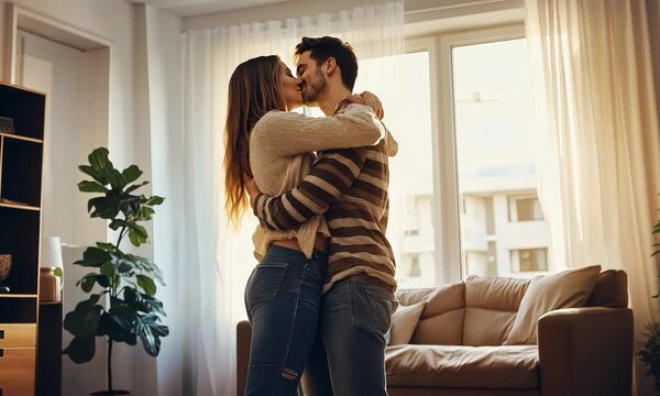of attractive trendy cheerful married young couple gentle kissing spending free time move new apartment home interior indoors Video
